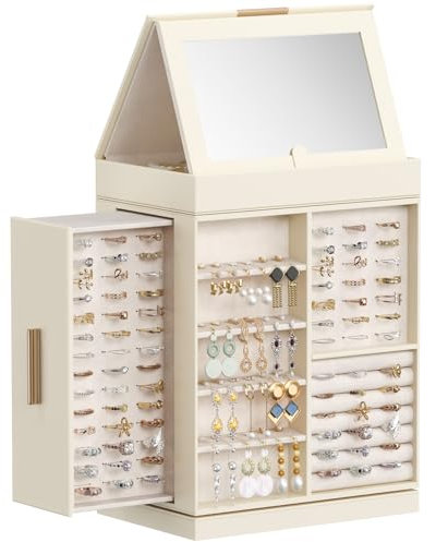 Lifewit Jewellery Box 360° Rotating, Jewellery Organiser with Mirror, Jewellery Display and Storage Case for Women, Spacious Jewellery Holder for Ring Necklace Earring Watches, Great Gift, Creamy