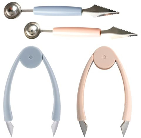 WBZOWRB 4 Pezzi Taglia Fragole SET, Pinza Leva Picciolo Per Fragole, Con 2Pcs 2-In-1 Fruit Carving Knife,Scavino Da Cucina,Taglia Melone,Per Diy Fruit Salads