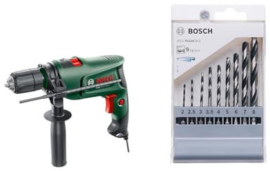Bosch Electric Combi Drill EasyImpact 600 (600 W, in Carrying Case) + 9pc PointTeQ Hex Drill Bit Set (for Metal, Ø: 2-8 mm, Total Length: 60-117 mm, ¼’’ Hex Shank, Accessory)