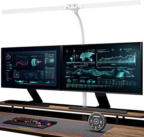 EYOCEAN Schreibtischlampe, Doppelkopf Schreibtischlampe Klemmbar, 24W 80cm Tageslichtlampe Schreibtisch mit Fernbedienung, Dimmbare Monitor Lampe, Schwanenhals Büro Tischlampe, Augenschutz, Mattweiß