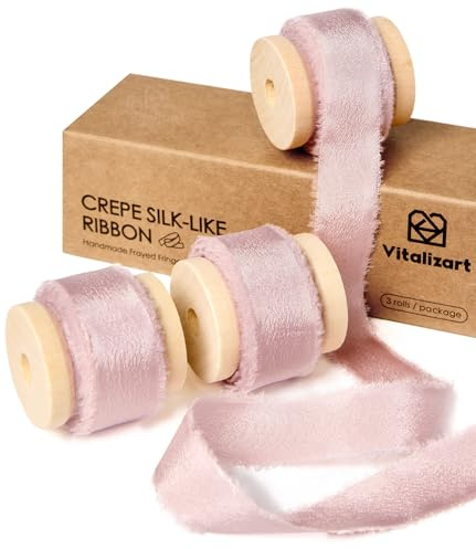 Vitalizart Pink Gift Ribbon Double Face Silky Satin Ribbon 5/8 x 15YD, Silk-Like Crepe Ribbons Handmade Frayed Fringe for Valentines Day Gift Wrapping Wedding Bridal Bouquets Holiday Decorations