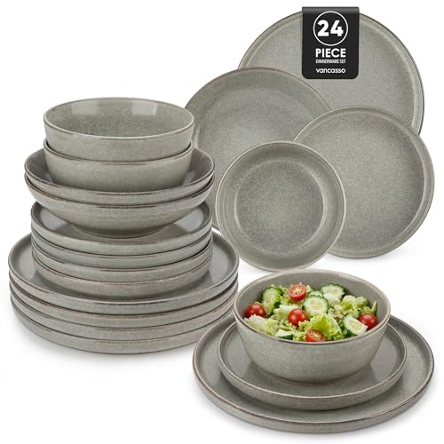 Steingut Geschirrset 6 Personen, vancasso ANYA Braun Teller Set Modern 24 teilig,Tafelservice mit Speiseteller, Suppenteller, Desserttellern, Schüsseln, Geschirr Set Spülmaschinen und Mikrowellenfest