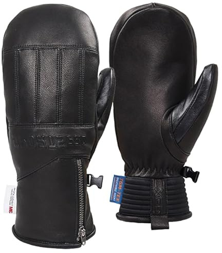 Harssidanzar Manoplas de invierno de cuero Guantes térmicos impermeables de piel de cabra para snowboard para hombre y mujer KM065EU,Negro,Tamaño XL