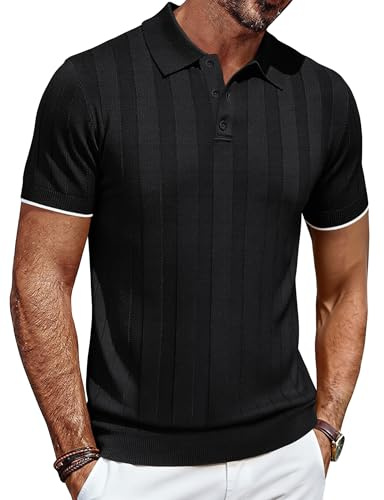 COOFANDY Polo Homme Manches Courtes Tricoté T-Shirt Été Polo Golf Décontracté Polos Col Boutonné Torsadé Noir XL