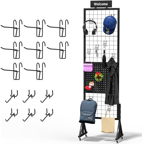 Alyoen Grid Wall Panels, Gridwall Panel Display Stand with Notice Board, Movable 5.1 x 1.4 Ft Floorstanding Wire Grid Rack, Sturdy Retail Display Racks for Vendor Events, Art Craft Shows