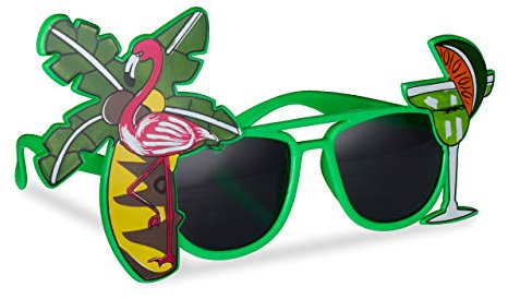 Relaxdays 3x Partybrille Hawaii, lustige Sonnenbrille mit Palme u. Cocktail, Gagbrille Flamingo, Spaßbrille Karneval, grün