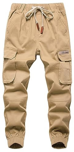YOUNGSOUL Jungen Cargohose Kinder Stretch Cargo Hose Jogginghose Freizeithose mit Gummizug Khaki DE: 134-140 (Herstellergröße 140)