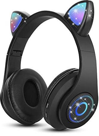 Sendowtek Bluetooth Over Ear Kopfhörer für Kinder Mädchen, Niedliche Katze Ohr Blinkendes Licht Eingebautes Mikrofon Drahtlose Kopfhörer für Erwachsene Jungen Laptop/PC/Telefone