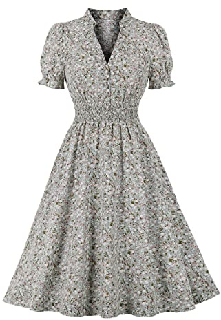 Wellwits Women's Collared V Neck Shirred Ditsy Floral Vintage Dress Light Green XL