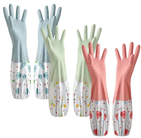 XIACIBDUS Haushaltshandschuhe, Lange Gummihandschuhe Handschuhe Latexfrei mit Innenfutter aus Baumwolle Zum Geschirrspülen Wäschereinigung Bad, Auto (Mittlere Größe, 3 Paare)