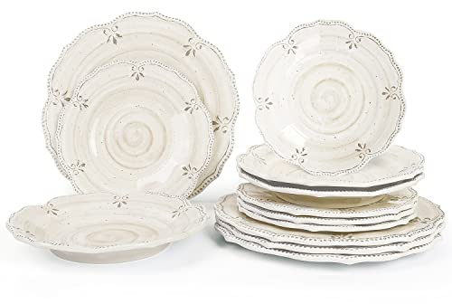 Dinnerware Sets 12 pcs Plates and Bowls Sets Melamine Plates Indoor and Outdoor use French Court Style Dish Set Plate Set for 4 Dishwasher Safe（White）