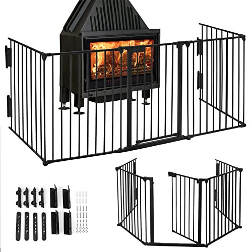 LZQ Kaminschutzgitter mit Sicherheitstür Metall Ofenschutzgitter Gesamtlänge 300 cm, Kamingitter Kinderschutz Faltbar, Treppenschutzgitter Konfigurationsgitter inkl. 5 Elemente