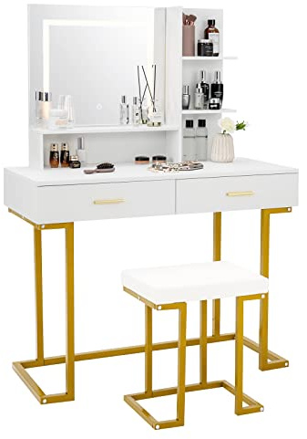 COSTWAY Toeletta da Trucco con Specchio, Set Tavolo e Sgabello da Trucco con Luci Regolabile, 2 Cassetti per Cosmetici, 3 Scaffali Portaoggetti, per Camera da Letto, Bianco