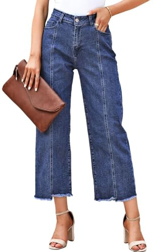 Sidefeel Women's High Waisted Capri Jeans Wide Leg Woman Straight Leg Summer Ankle Denim Pants Blue Size 16