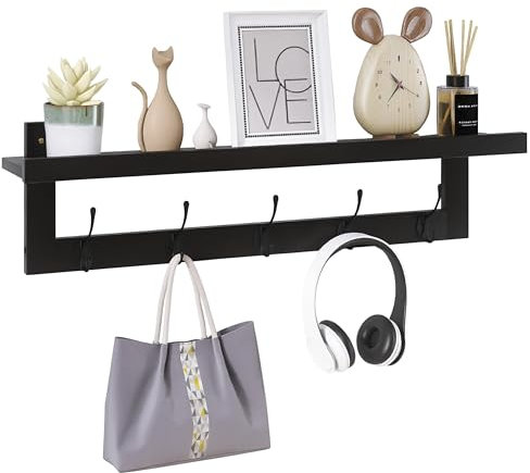 SMIBUY Kleiderhaken mit Regal Wandmontage, 74 cm Eingangsbereich Garderobe für Wand, Bambus-Hängeregal mit 5 Doppel-Metallhaken für Badezimmer, Schlafzimmer, Küche, Wohnzimmer, Mudroom (Schwarz)