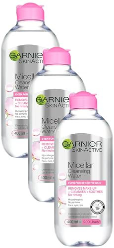Garnier Micellar Cleansing Water, Gentle face Cleanser & Makeup Remover, Fragrance-Free, Vegan Formula, Suitable For All Skin Types, Even Sensitive, Skin Active, 400ml (Pack of 3)