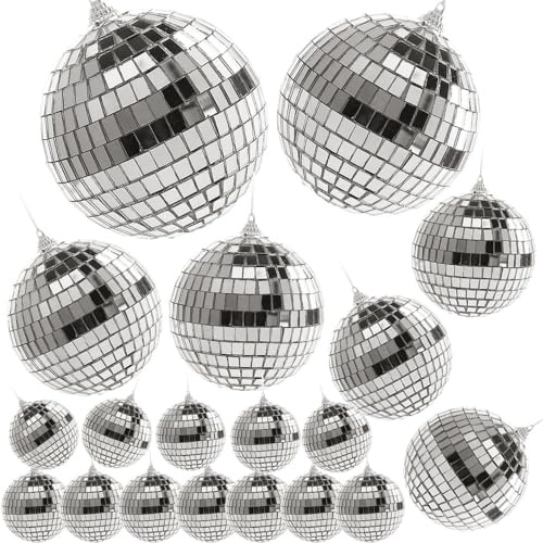 Esforzarse 19 Bolas de Discoteca Colgantes Plateadas, Bola de Discoteca Clásica, Pequeña Bola de Espejo, Disco Bola de Discoteca para Colgar Disco Ball para Cumpleaños, Fiesta Temática(10/8/6/4/2cm)