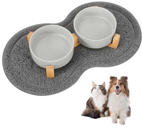 Vexillic Hundenapf Keramik, 400ML Doppel Futternapf Hund, Hundenapf Erhöht mit Bambus Ständer und Rutschfestem Matte für Kleine Bis Mittlere Hunde (Grau)