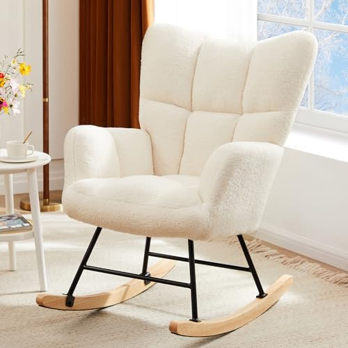 DUMOS Schaukelstuhl, Teddy-gepolsterter Sessel mit Hoher Rückenlehne, Moderner Stil Schminktisch Stuhl, Komfortabler Rückenlese-Ohrensessel, geeignet für Wohnzimmer, Schlafzimmer (Weiß)