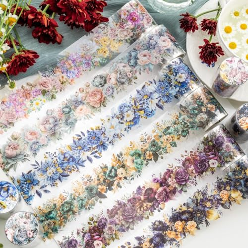 Arpaper scrapbooking tillbehör klistermärken set, 6 rullar PET blommor estetisk washi tejp klistermärken dekorativa för journal/bullet journal tillbehör, fotoalbum, anteckningsböcker,