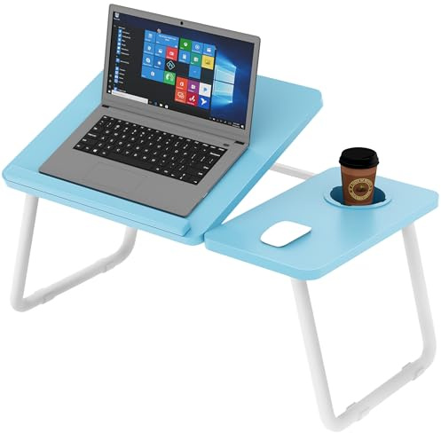 Folding Laptop Table, Laptop Bed Desk with Foldable Legs & Cup Slot, Tray for Bed, Sofa Breakfast Folding Table Lap Desk Notebook Stand for Reading Writing Working (Light Blue)