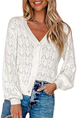 DPLBAZHC Cardigan Grande Taille à Fleurs Ajourées pour Femmes, Blanc Au Crochet Élégant Court Léger Boutonné Pull en Tricot