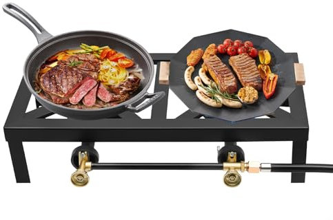 Portable Double Burner, Ourdoor Camping Gas Stove Propane Cooker Cast Iron BBQ Grill with 3.9ft Regulator Hose for Patio Camping, Home Brewing