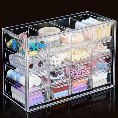 Desk Storage Organizer with 16 Mini Drawers, ToyaJeco Clear Desktop Craft Drawer Cabinet, Stackable Storage Box Caddy for Makeup Jewelry Office Craft Supplies (16 Drawers)