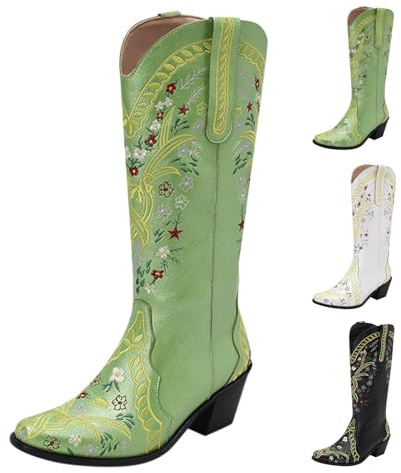 Momolaa UK 4 Cowboy Boots for Women mid Calf Knee High Studded Western Cowgirl Boots Pull on Low Chunky Pointed Toe Embroidery Ladies Brown Tan Boot with Heel Green Footwear