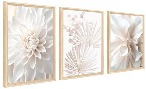 3 st inramad kanvas väggkonst vit lotus pion palmblad canvastryck boho minimalistiska blombilder för vardagsrum sovrum kök hall trappor väggdekor 120 x 60 cm (16 tum x 24 tum x 3 st) (inget plexiglas)