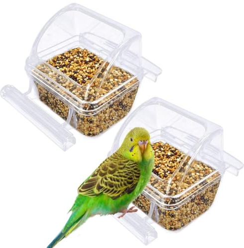 2 Pack Bird Feeders for Cage, No Mess Clear Hanging Parrot Food Bowl, Plastic Slot Food & Water Dispenser Bowl Set, Bird Cage Accessories for Hamsters,Pigeons,Parrot