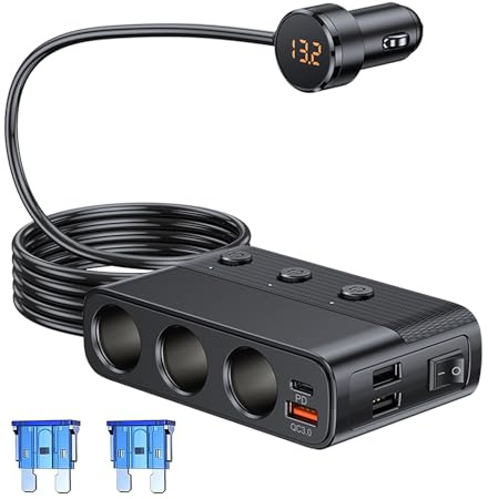 12V/24V Zigarettenanzünder Verteiler, 127W PD QC3.0 USB Auto Ladegerät Adapter mit 3 Steckdose und 4 Port USB, Zigarettenanzünder Splitter mit LED Voltmeter und Schalter, für Smartphone/Kamera/GPS