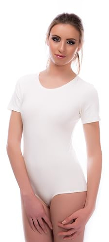 Evoni Dam body kortärmad l stringbody av bomull med rund hals l kortärmad body för kvinnor l tanga bodysuit l string body, Vit, XL