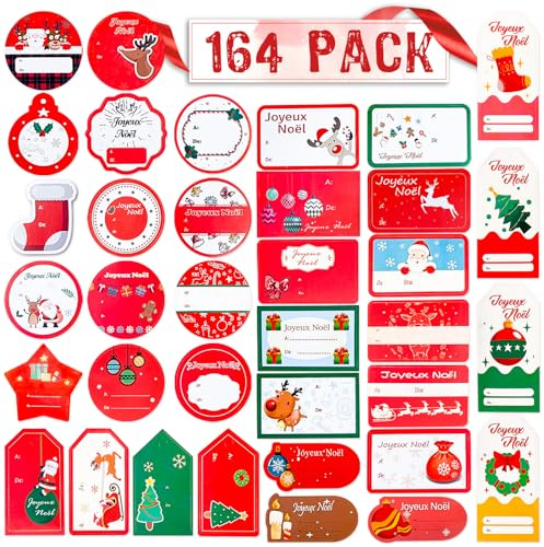 Etiquettes Cadeaux Noël en Français et Anglais, 164 pièces 24 Feuilles Cadeaux Autocollants Cartes Stickers Étiquettes Cadeaux Noël Nouvelles Génération Vert et Rouge Décoration de Cadeau Noël