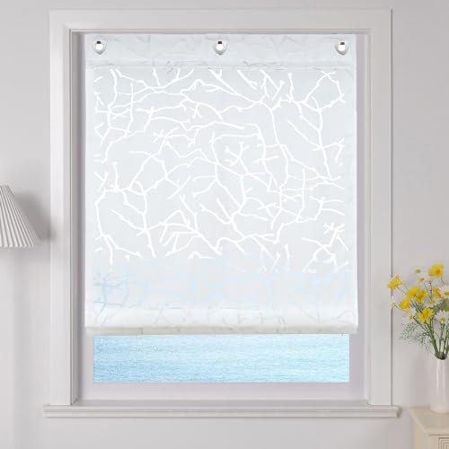 ESLIR Raffrollo mit U-Haken Gardinen Küche Raffgardinen Halbtransparent Ösenrollo Vorhänge Modern Ausbrenner Weiß BxH 100x140cm 1 Stück