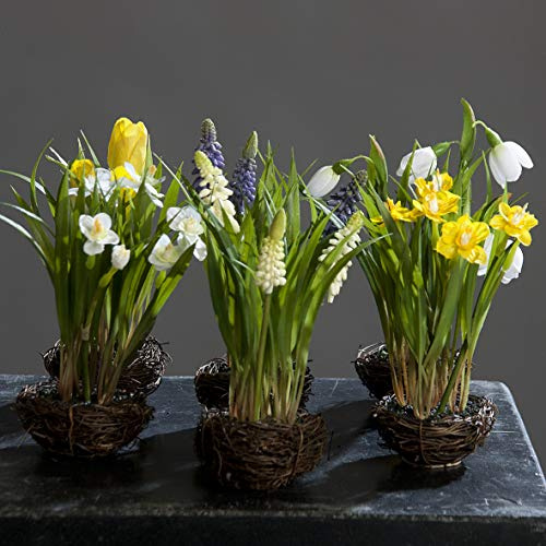 mucplants 6er-Set Künstliche Frühlingsblüher im Rattan-Nest ca.20cm 6-Fach Sortiert Deko Kunstpflanzen