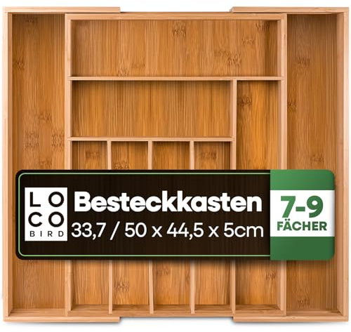 Loco Bird Besteckkasten für Schubladen aus Bambus - verstellbarer Schubladen Organizer Küche Holz - Besteckeinsatz für Schubladen ausziehbar bis 50cm - Schubladeneinsatz Küche - Cutlery Organizer