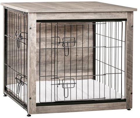 DWANTON Dog Crate Furniture with Cushion, Wooden Kennel Table with Double Doors, Indoor Dog House, Small/Medium/Large/Extra Large Size, 27.2 L, Greige