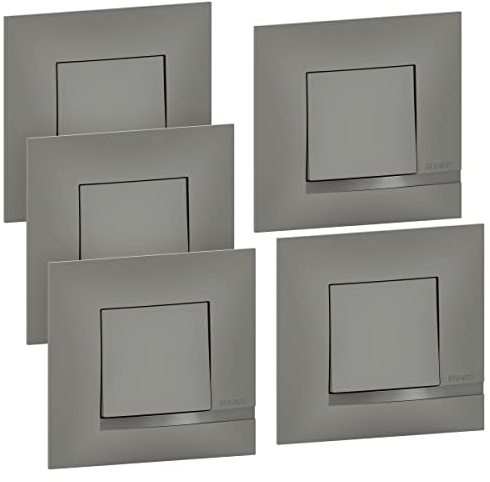 BTicino – Juego de 5 interruptores o de ida y vuelta con 10 AX 250 V con conexión de terminales automáticos – Incluye placas de acabado gris nube y garras de fijación para renovación