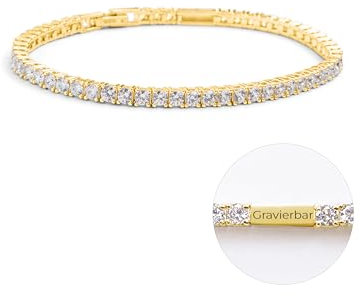 Amoonìc Damen Armband Gold mit Zirkonia | Tennisarmband mit Gravur für Namen | Personalisierte Armkette Frauen als Geschenk für Mutter Tochter Freundin