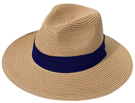DRESHOW Damen Panama Hut Breiter Krempe Stroh Sommer Fedora Strohhut Panama Aufrollen Hut Strand Rollbar UV Sonnenhut UPF 50 +