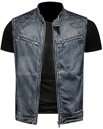Jeansväst för män,Mode Herr Tvättad Denim Cardigan Jacka Ståkrage Casual Jeans Gilet Biker Väst Motorcykeljacka Ärmlös Väst Jacka Dragkedja Stängning Väst Topp Ytterkläder