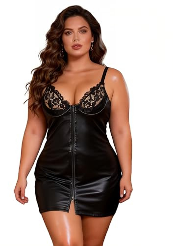 comeondear Vestito Sexy Donna Pelle PU Abito Sexydonna Hot Corto de Festa Vestiti Pizzo Taglie Forti con Cerniera Scollo a V Tubino Aderente Regolabile Miniabito Discoteca Dress Nero,S