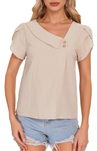 Atxnn Blusa Mujer de Algodón Camiseta con Cuello en V Inclinado Camisa de Manga Corta Pétalo Tops Elegantes de Verano