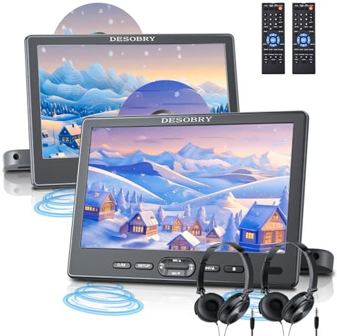 10,5 Zoll Auto DVD Player 2 Bildschirme mit Slot-Loading-Disc und HDMI-Eingang, 2 Kopfhörern, 2 Halterungen, Auto Fernseher für Kinder Unterstützt Letzter Speicher, Regionsfrei, USB-SD-Karte