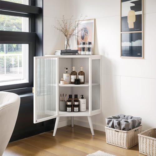 Celya Moderne Eckschrank mit Verglastüren aus Hartglas, dekorative Eck-Hutschrank, freistehender Metall-Ecktisch und Regal für Badezimmer, Küche, Schlafzimmer, Wohnzimmer, (Weiß)