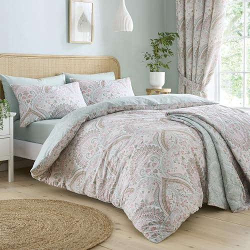 Dreams & Drapes Copripiumino giacobino verde – matrimoniale (200 x 200 cm) – Set di biancheria da letto double-face Boho con 2 federe – motivo floreale marocchino persiano – Lino esotico lilla
