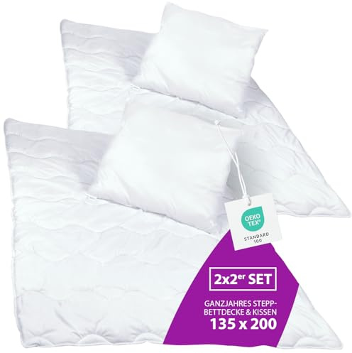 AddLiving Premium Steppbettdecke & Kopfkissen Bettenset Für Allergiker Waschbar Ganzjahresdecke Vierjahreszeiten-Bett mit Klimafaser Steppdecke (135 x 200cm - 2er Set)