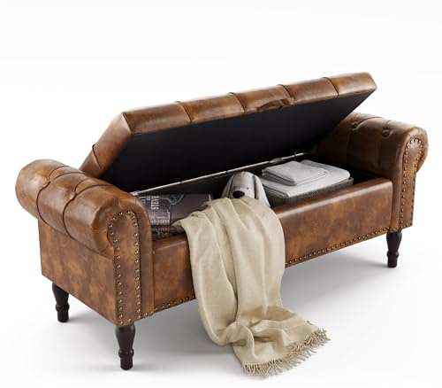 LUE BONA Sitzbank mit Stauraum 130 cm,Sitzbank Bank mit Aufbewahrungsbox,Bettbank Gepolstertem Kissen,Sitztruhe mit Armlehnen aus PU-Kunstleder für Schlafzimmer,Flur,130 X 43 X50 cm,Gelblich-Braun