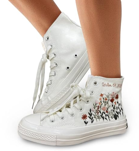 Baskets brodées de fleurs personnalisées, chaussures de mariage personnalisées pour mariées et demoiselles d'honneur, baskets montantes unisexes en toile, cadeaux d'anniversaire pour la fête des mères